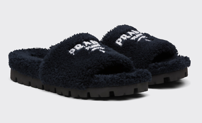 Prada Black Terry Cloth White Logo Slide Sandal Rubber Flip  display picture 1