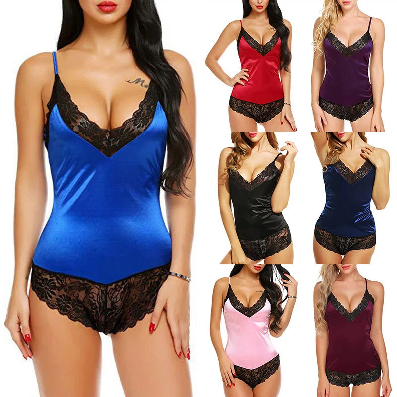 Sexy Womens Silk Satin Lace Bodysuit Teddy Lingerie Babydoll Nightwear  Underwear