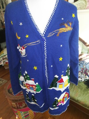 Quacker Factory Blue Warm Knit Christmas Cardigan Sweater Appliques/Beads Size M