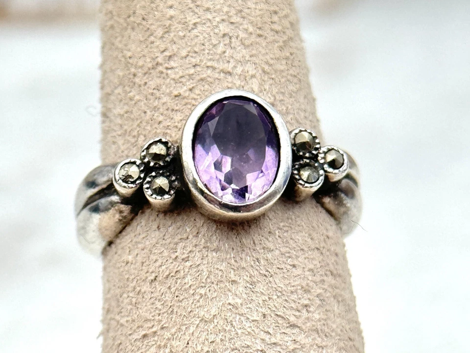 Anillo de cóctel de plata de ley 925 amatista púrpura de diseñador talla 7 Foto 2 de 4