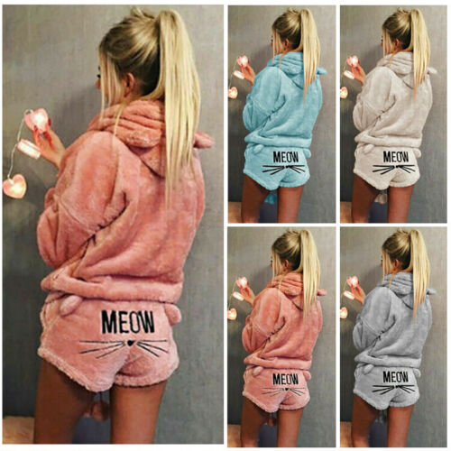 2Pcs Women Fleece Fluffy Warm Pjs Pyjamas Cat Sleepwear Nightwear Warm Top Short - Picture 1 of 17