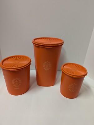 Vintage Tupperware Set of 3 Orange Servalier Nesting Canisters W