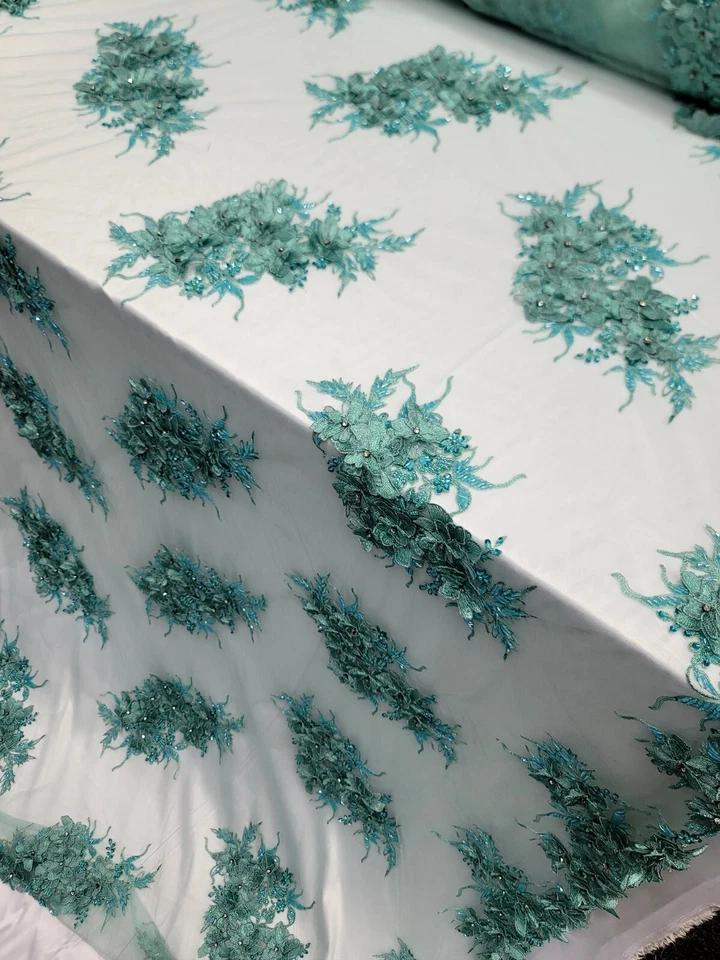 Fabric Sold by The Mint Beaded 3d Lace Embroidery Floral Flowers Scallops Dress - Image 3 of 4