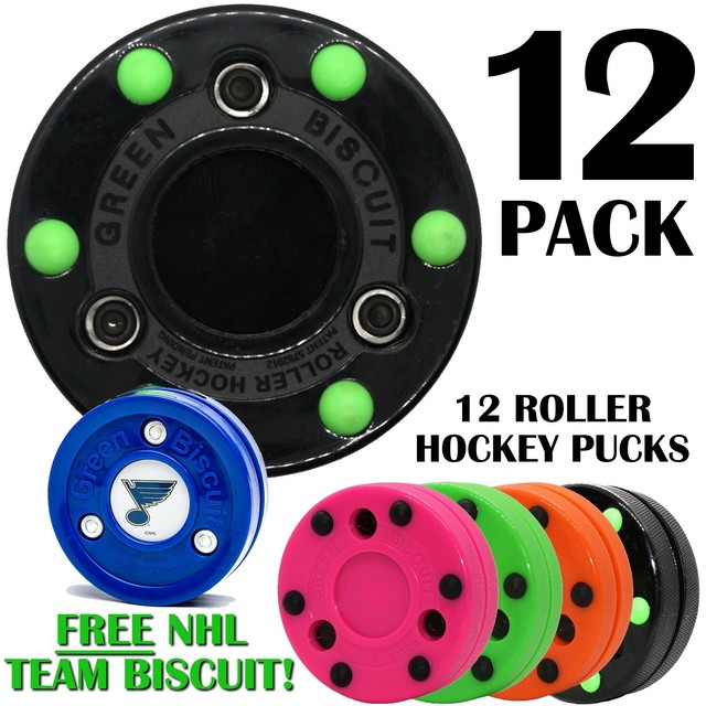 Green Biscuit Roller Hockey Puck 12 Pack Multi Color with Free NHL Puck