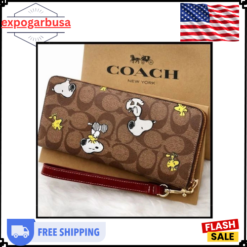 COACH x PEANUTS Long Zip around Wallet Snoopy Woodstock Khaki