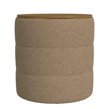 HomePop Channeled Boucle Storage Ottoman with Wood Top Brown: Upholstered,