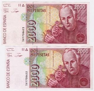 #Banco De Spain 2 x 2000 Pesetas Consecutive 1992 P 164 aUNC José Celestino Muti