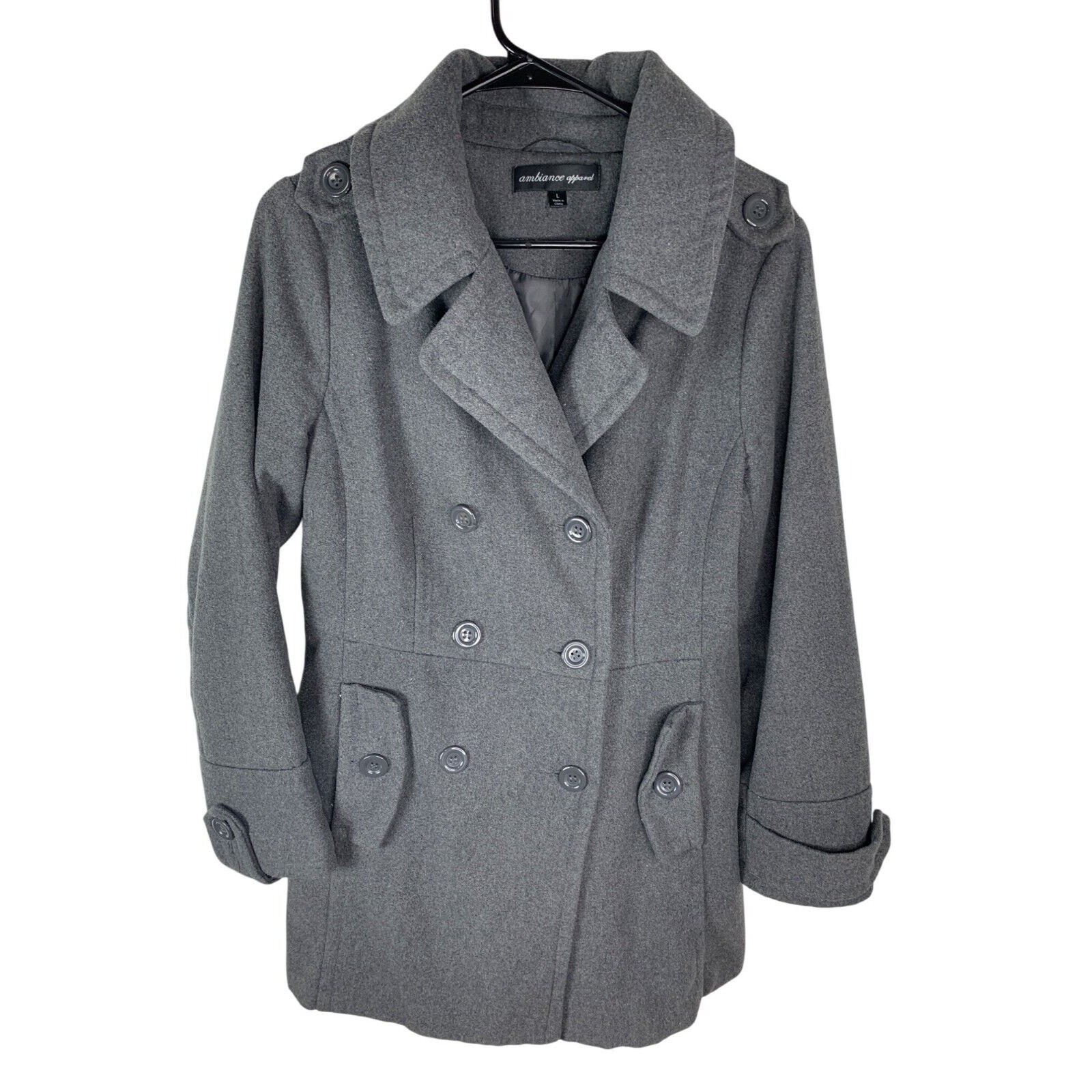 Ambiance Apparel Womens Gray Peacoat L Double-Breasted Button Closure Size L