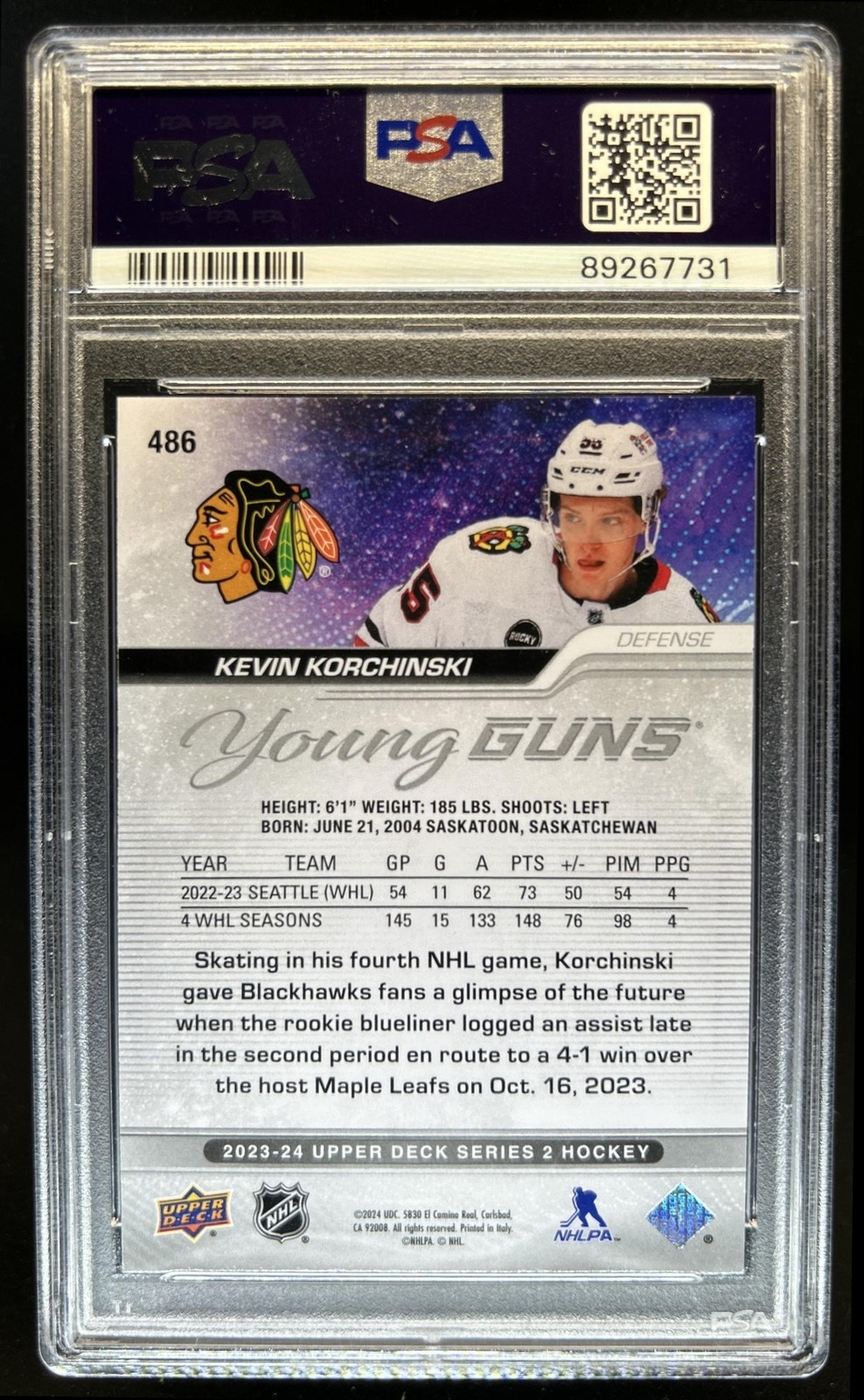2023-24 Upper Deck Kevin Korchinski Rookie Young Guns RC #486 Blackhawks PSA 10 view 2