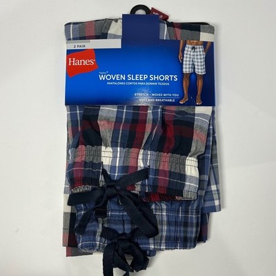 Hanes Mens 2PK Woven Plaid Sleep Shorts Blue Red White Small New