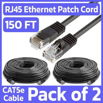 2 Pack Cat5e Cable Black 150 Feet Ethernet Patch Cord Lan Network Internet Wire