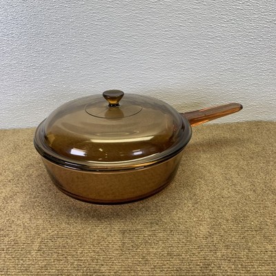 Pyrex Vision Corning Ware 10  Skillet Roaster Chicken Fryer w/ Lid, Amber Glass