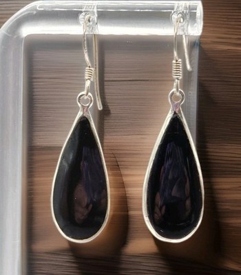 Vintage Sterling Silver Black Jade Dangle Pierced Earrings