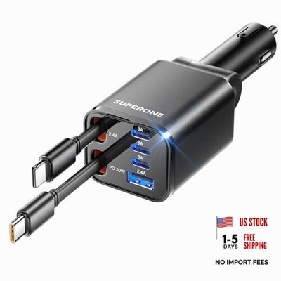 Black Superone 99W Car Charger - Type C & Apple Cord - Retractable Car Phone