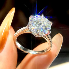 GENUINE LARGE 5CT Moissanite Ring Round 925 Sterling Silver Engagement Sparkly D