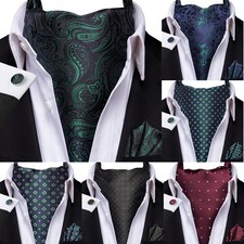 Formal Blue Men's Ascot Cravat Tie Paisley Floral Hanky Cufflinks Set Wedding