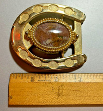 Vintage Metal Horse Shoe Belt Buckle Gold Colored Polished Stone Western Wear