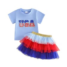 4th Of July Toddler Baby Girl Clothes American Flag T-shirt Layered Ruffle Tu...