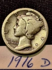 1916-D Mercury Dime, Very Low Mintage, RARE Key Date First Year Issue BEAUTIFUL