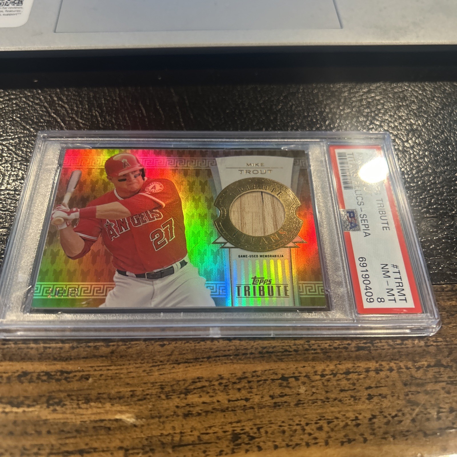 2014 Topps Tribute  Mike Trout  Titans Relic Sepia #TTRMT PSA 8  /35