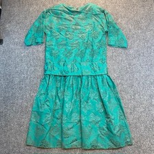 Vintage 80s Drop Waist Damask Green Holiday Dress Womens Small Shoulder Pads