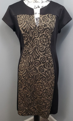 Connected Apparel Sheath Dress Womens Large Black Printed Short Sleeve Back Zip