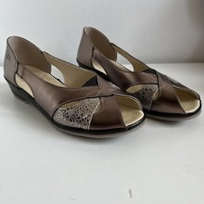 Fly Flot Total Comfort Suave Size UK 6 Gold Leather Peep Toe Wedge Shoes