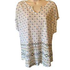 Lucky Brand Womens Small Floral Geometric Border Print Split Neck Slub Knit Tee