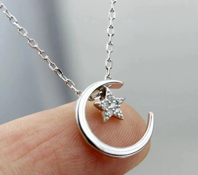 Real Moissanite 0.20Ct Round Cut Womens Moon-Star Pendant 14k White Gold Plated