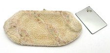 Vtg Mid Century White Ivory Pale Pastels Beaded Clutch with "Paris Style" Mirror