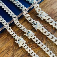 Real Solid 925 Sterling Silver Pyramid Pave Diamond Cut Miami Cuban Mens Chain