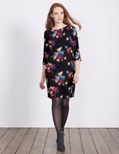 BODEN 4 Alda Shift Dress Black Posey Mod Floral Print 3/4 Sleeve Crepe Abstract