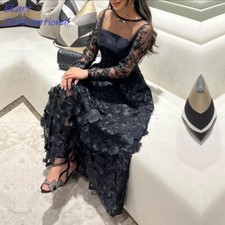 Prom Dress Lace Spaghetti Strap Sheath Long Full Sleeve Illusion Saudi Evening