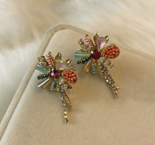 Flower Earrings Anthropologie Crystal Stud 18k Colorful Gold Multicolor Chain - Picture 2 of 11