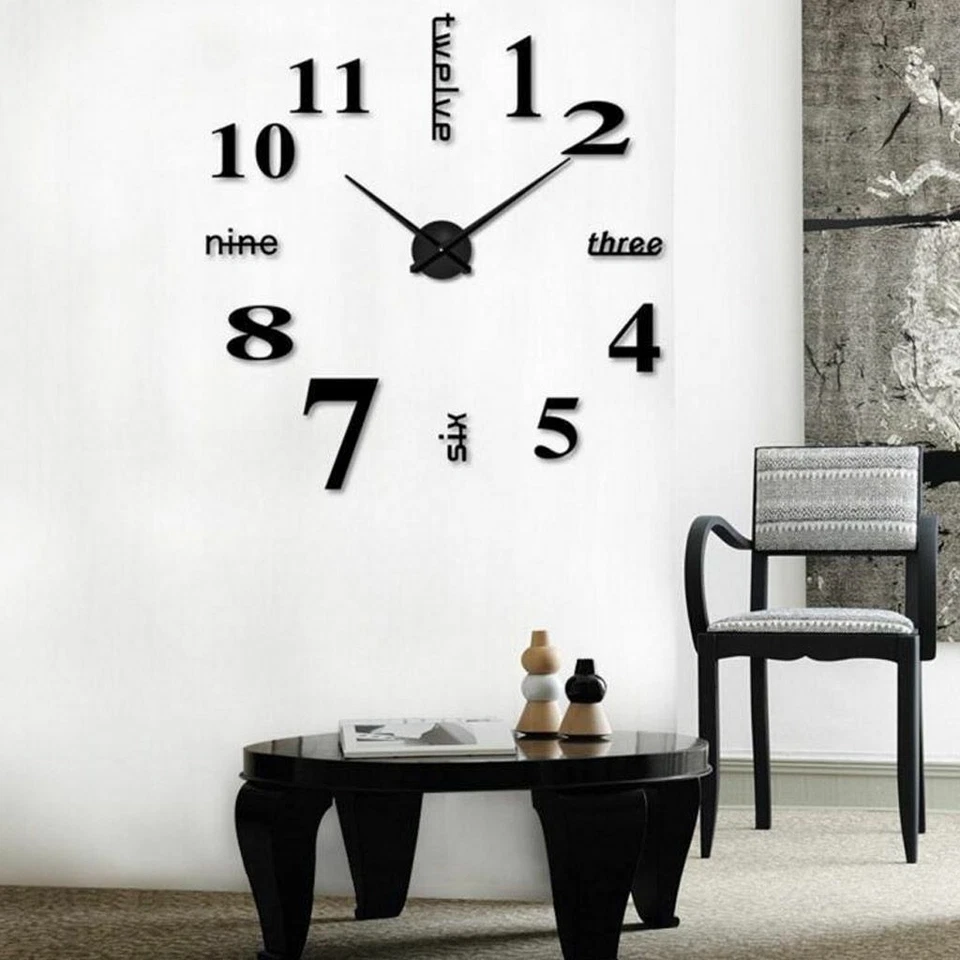 Novelty Stick-on Large Wall Clock 3D DIY Mirror Sticker Surface Home Decor Art - Image 2 of 4