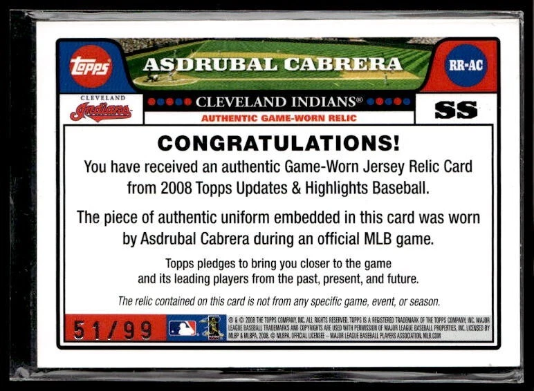 L2,793 - 2008 Topps Retail Relics Gold #AC Asdrubal Cabrera UPD /99 - Image 2 of 2