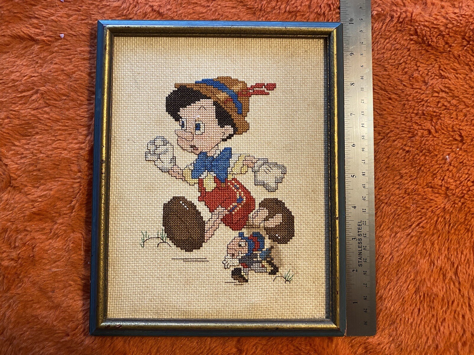 Vintage Disney Pinocchio and Jiminy Cricket Running Framed Cross Stitch