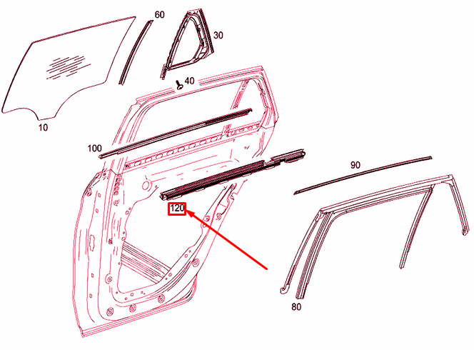 MB GLC X253 Türfenster hinten rechts innen Dichtungsschiene A2537350201