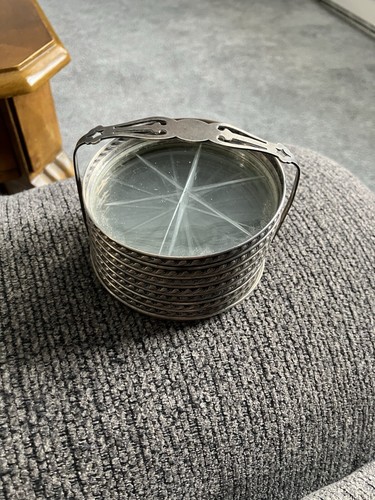 Sterling Silver & Glass Set Of Six 3” Web Coasters With Holder