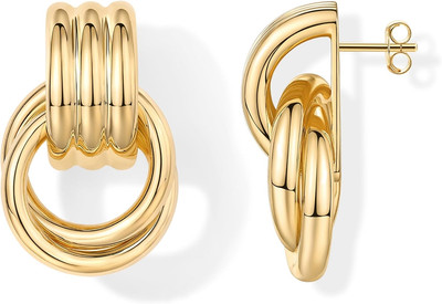 14K Gold Plated Chunky Dangle Door Knocker Earrings for Women | Trendy Geometric