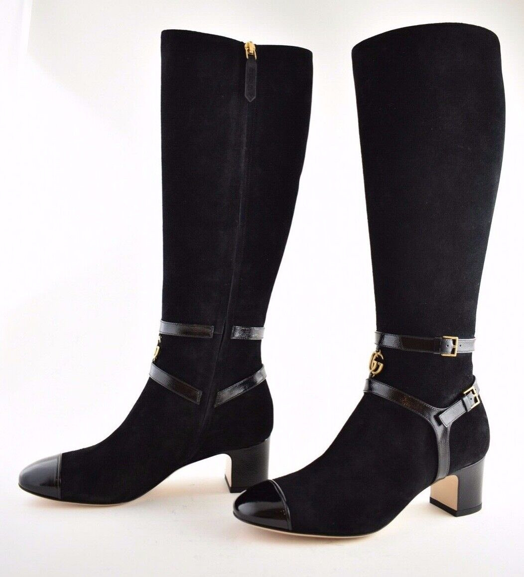 Gucci Geraldine 55 Black Suede Patent GG Gold Logo Low Heel Knee High Boot 35 image 10