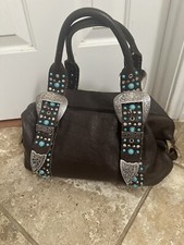 Authentic Charm And Luck Brown Embellished Turquoise Crystal Studded Leather Bag