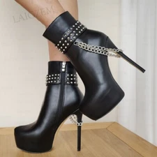 Women Ankle Boots Platform Faux Leather Side Zip Up Thin High Heels Short Bootie