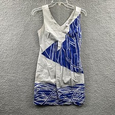 Calvin Klein Womens Sheath Dress 0 Blue White Geometric Sleeveless Side Zip