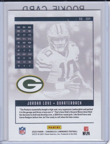 JORDAN LOVE ROOKIE CARD Green Bay Packers Football 2010 PANINI LUMINANCE RC - Picture 2 of 2