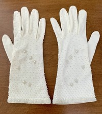 Vintage 10" Gloves White Glass Beaded Faux Pearl Wedding Formal Dance Evening 