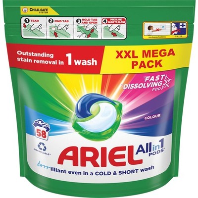 Ariel All-In-1 Fast Dissolving Laundry Pods, Stain Removal - Colour 58 Washes