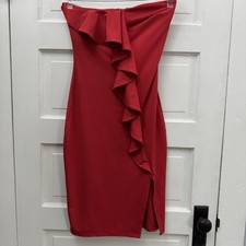 bebe Red Strapless Ruffle Bodycon Dress Small Midi Cocktail