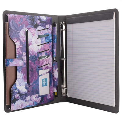 Xiaozhi 3-Ring Binder Portfolio Case Floral Painting Pu Leather Binder Padfolio