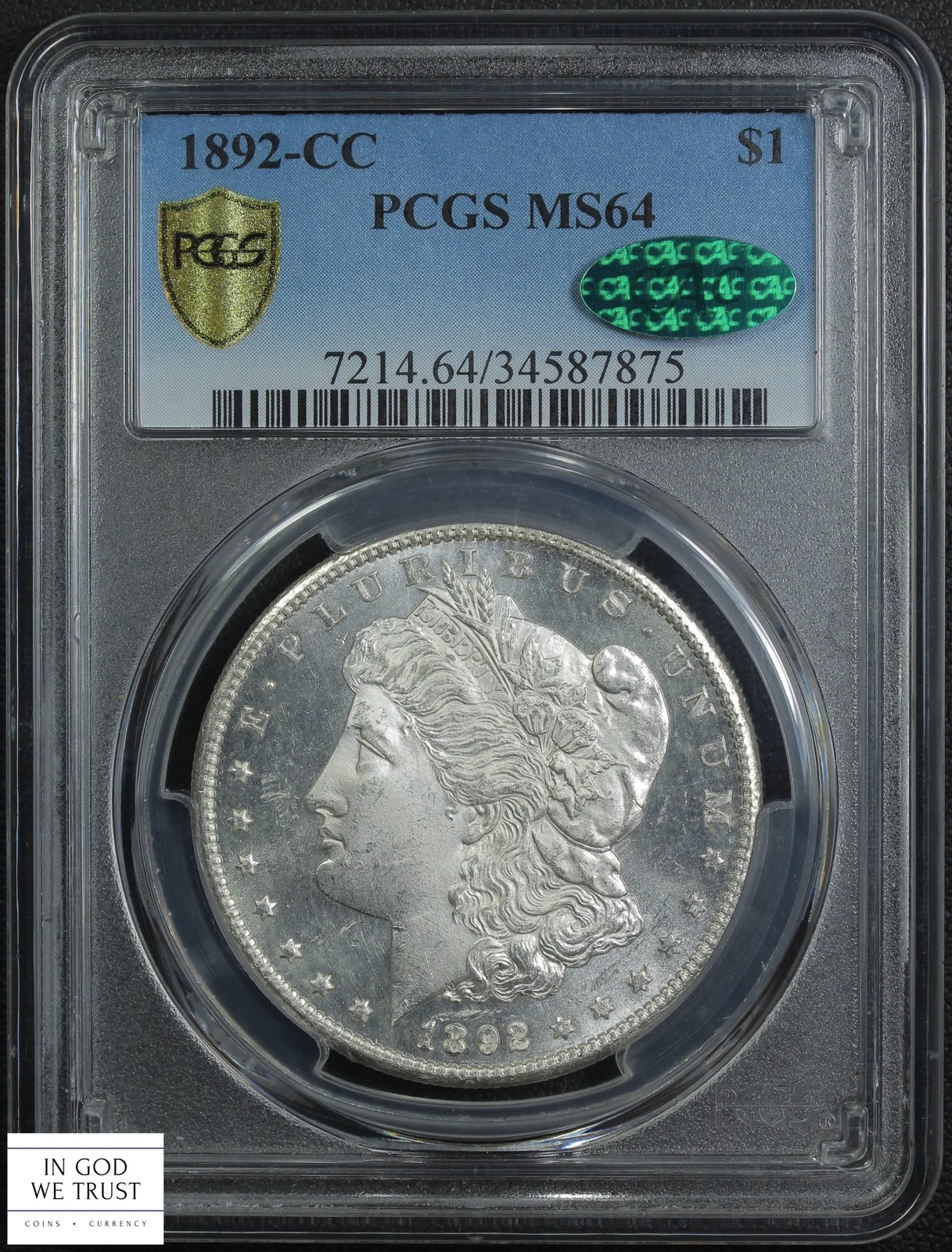 1892 CC Carson City Morgan Silver Dollar $1 PCGS MS 64 CAC